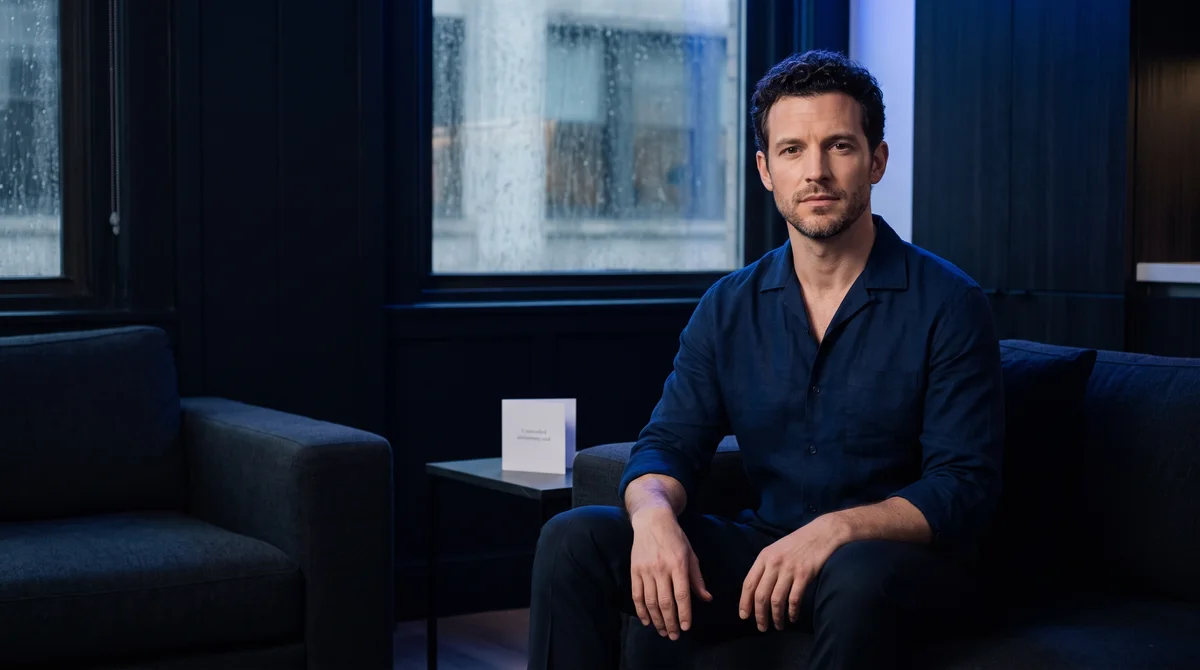 Adult man with dark curls and a blue shirt seated on a sofa beside a rain-streaked window and a small folded card.