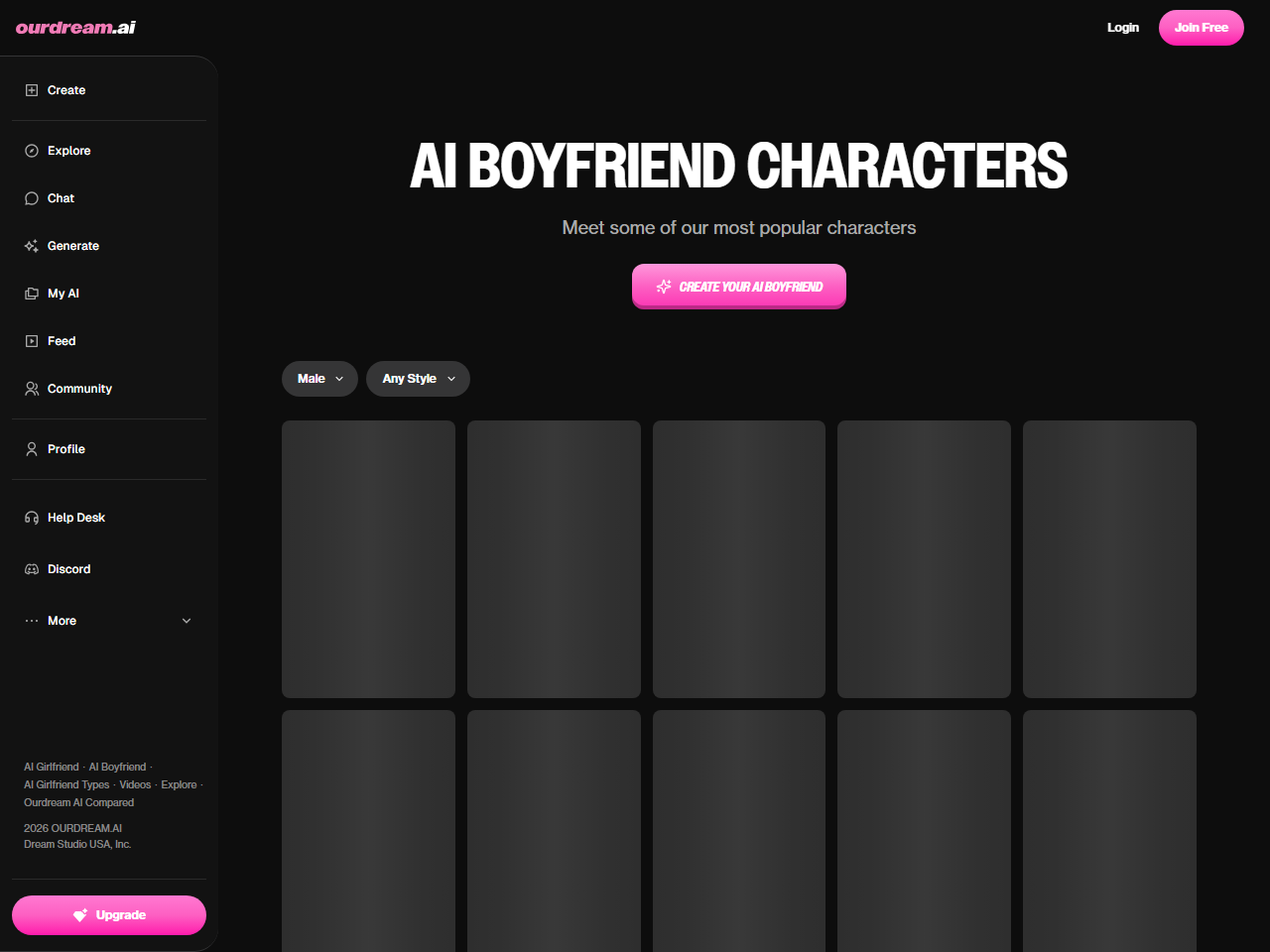 OurDream public AI Boyfriend page with the Male label and Create Your AI Boyfriend entry.