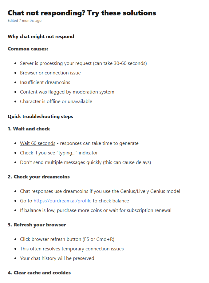 OurDream public help listing chat response failures and model-related balance checks